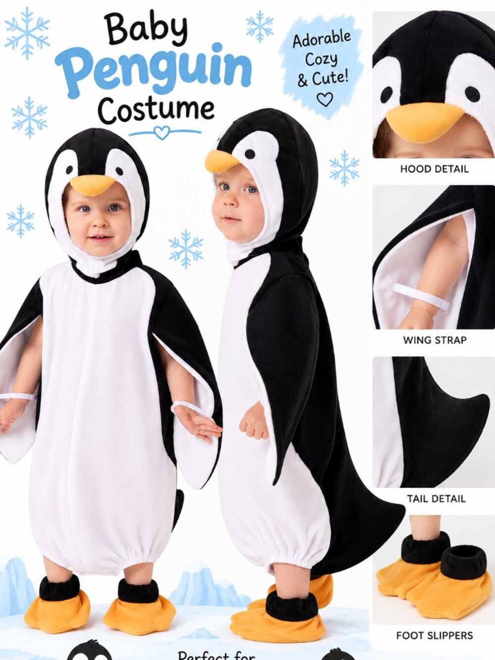 Baby Penguin Halloween Costume 18-24 Months Hood Wings Foot Covers NWT